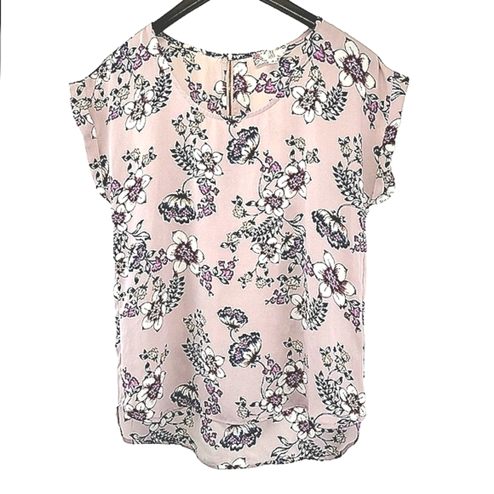 Pink Rose Floral Short Cap Sleeve Top Women's Medium 3/$15